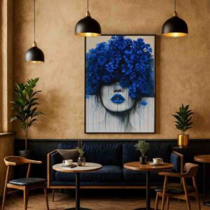 Blue Floral Portrait Painting | Contemporary Surreal Canvas Wall Art - Image 3