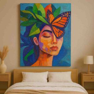 butterfly portrait painting, contemporary woman wall art, monarch butterfly canvas, abstract feminine artwork, modern portrait painting, colorful canvas wall art, botanical portrait artwork, luxury wall décor, modern butterfly painting, artistic face canvas print, statement wall art, premium contemporary canvas, designer home décor, modern bedroom artwork, abstract nature portrait