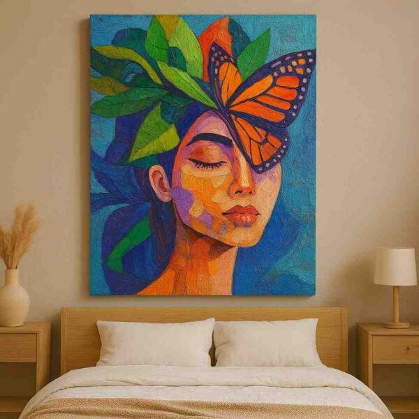 butterfly portrait painting, contemporary woman wall art, monarch butterfly canvas, abstract feminine artwork, modern portrait painting, colorful canvas wall art, botanical portrait artwork, luxury wall décor, modern butterfly painting, artistic face canvas print, statement wall art, premium contemporary canvas, designer home décor, modern bedroom artwork, abstract nature portrait