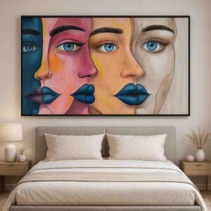 abstract face painting, modern portrait wall art, contemporary face canvas painting, blue lips artwork, abstract woman face painting, luxury wall décor, panoramic canvas art, modern bedroom wall art, contemporary portrait artwork, minimalist abstract painting, designer wall painting, luxury canvas print, modern abstract faces, oversized wall art, artistic portrait canvas
