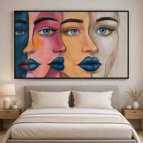 abstract face painting, modern portrait wall art, contemporary face canvas painting, blue lips artwork, abstract woman face painting, luxury wall décor, panoramic canvas art, modern bedroom wall art, contemporary portrait artwork, minimalist abstract painting, designer wall painting, luxury canvas print, modern abstract faces, oversized wall art, artistic portrait canvas