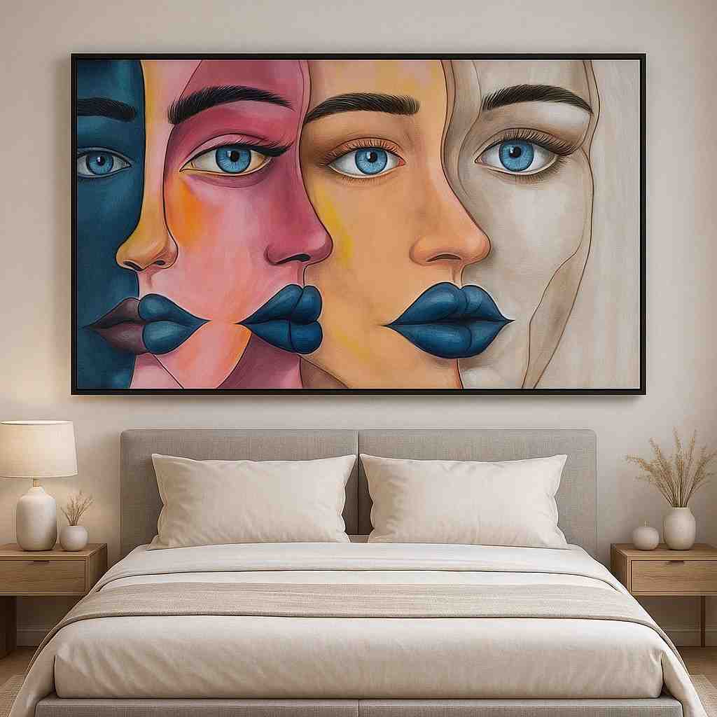 arteriya - 2025-12-24T160044.332 abstract face painting, modern portrait wall art, contemporary face canvas painting, blue lips artwork, abstract woman face painting, luxury wall décor, panoramic canvas art, modern bedroom wall art, contemporary portrait artwork, minimalist abstract painting, designer wall painting, luxury canvas print, modern abstract faces, oversized wall art, artistic portrait canvas