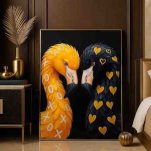 modern flamingo wall art, luxury flamingo painting, black and gold canvas art, contemporary bird wall décor, decorative flamingo artwork, flamingo couple painting, premium canvas wall art, modern animal portrait, romantic wall painting, stylish bird canvas print, designer home décor, statement contemporary artwork, flamingo abstract art, luxury bedroom wall art, artistic flamingo canvas