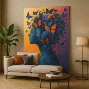 butterfly wall art, surreal portrait painting, butterfly woman canvas art, contemporary abstract wall art, modern butterfly painting, luxury canvas wall décor, feminine silhouette artwork, artistic butterfly portrait, colorful surreal canvas, modern home wall art, inspirational wall painting, abstract butterfly artwork, premium canvas print, designer wall décor, statement contemporary art