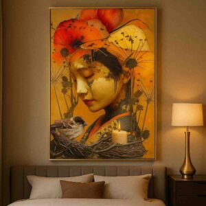 Discover a stunning surreal floral portrait canvas painting featuring feminine elegance, botanical beauty, and warm contemporary artistry. Perfect luxury wall décor for modern interiors.