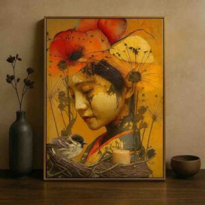 Discover a stunning surreal floral portrait canvas painting featuring feminine elegance, botanical beauty, and warm contemporary artistry. Perfect luxury wall décor for modern interiors.
