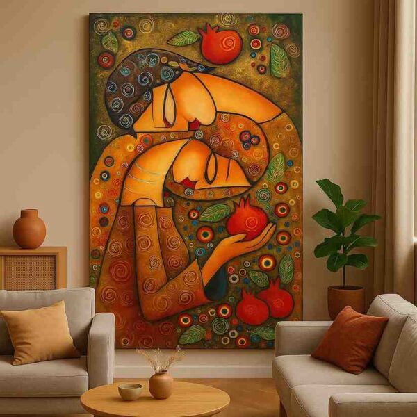 folk abstract painting, pomegranate wall art, contemporary folk canvas, nurturing figures artwork, symbolic wall painting, modern abstract art, luxury canvas wall décor, earthy tone painting, feminine abstract artwork, decorative folk art canvas, modern cultural wall art, artistic canvas print, statement wall décor, premium contemporary painting, warm tone wall art