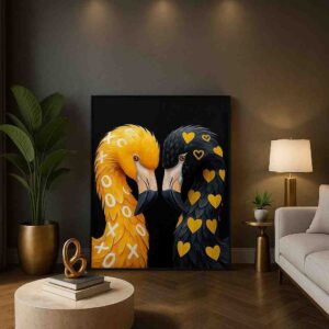 modern flamingo wall art, luxury flamingo painting, black and gold canvas art, contemporary bird wall décor, decorative flamingo artwork, flamingo couple painting, premium canvas wall art, modern animal portrait, romantic wall painting, stylish bird canvas print, designer home décor, statement contemporary artwork, flamingo abstract art, luxury bedroom wall art, artistic flamingo canvas