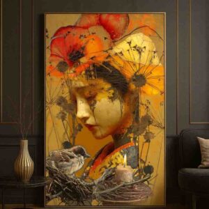 Discover a stunning surreal floral portrait canvas painting featuring feminine elegance, botanical beauty, and warm contemporary artistry. Perfect luxury wall décor for modern interiors.