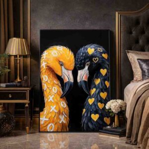 modern flamingo wall art, luxury flamingo painting, black and gold canvas art, contemporary bird wall décor, decorative flamingo artwork, flamingo couple painting, premium canvas wall art, modern animal portrait, romantic wall painting, stylish bird canvas print, designer home décor, statement contemporary artwork, flamingo abstract art, luxury bedroom wall art, artistic flamingo canvas