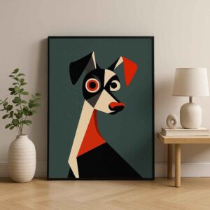 geometric dog painting, modern dog wall art, abstract animal canvas, contemporary pet artwork, minimalist dog portrait, luxury canvas wall décor, geometric animal painting, modern home wall art, dog lover artwork, stylish pet canvas print, premium contemporary painting, designer wall décor, abstract dog portrait, playful modern artwork, statement animal wall art