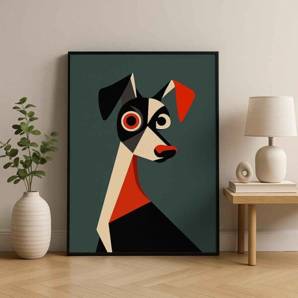 geometric dog painting, modern dog wall art, abstract animal canvas, contemporary pet artwork, minimalist dog portrait, luxury canvas wall décor, geometric animal painting, modern home wall art, dog lover artwork, stylish pet canvas print, premium contemporary painting, designer wall décor, abstract dog portrait, playful modern artwork, statement animal wall art