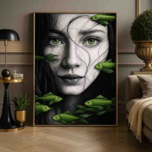 Surreal Monochrome Portrait with Green Fish - Image 3