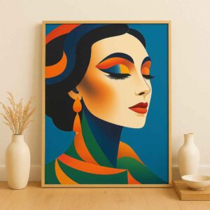 abstract portrait painting, modern woman wall art, colorful contemporary canvas, fashion inspired artwork, vibrant portrait painting, luxury wall décor, geometric face painting, modern abstract canvas art, stylish woman portrait, premium canvas wall art, designer home décor, statement contemporary artwork, artistic portrait canvas, modern bedroom wall art, colorful face painting